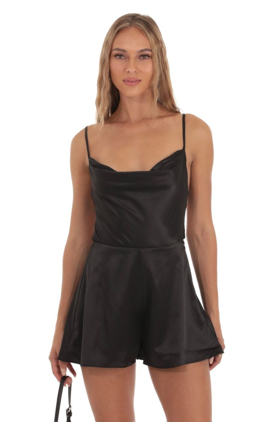 Clothing LUCY IN THE SKY | Satin Cowl Neck Romper In Black | Lucy In The Sky