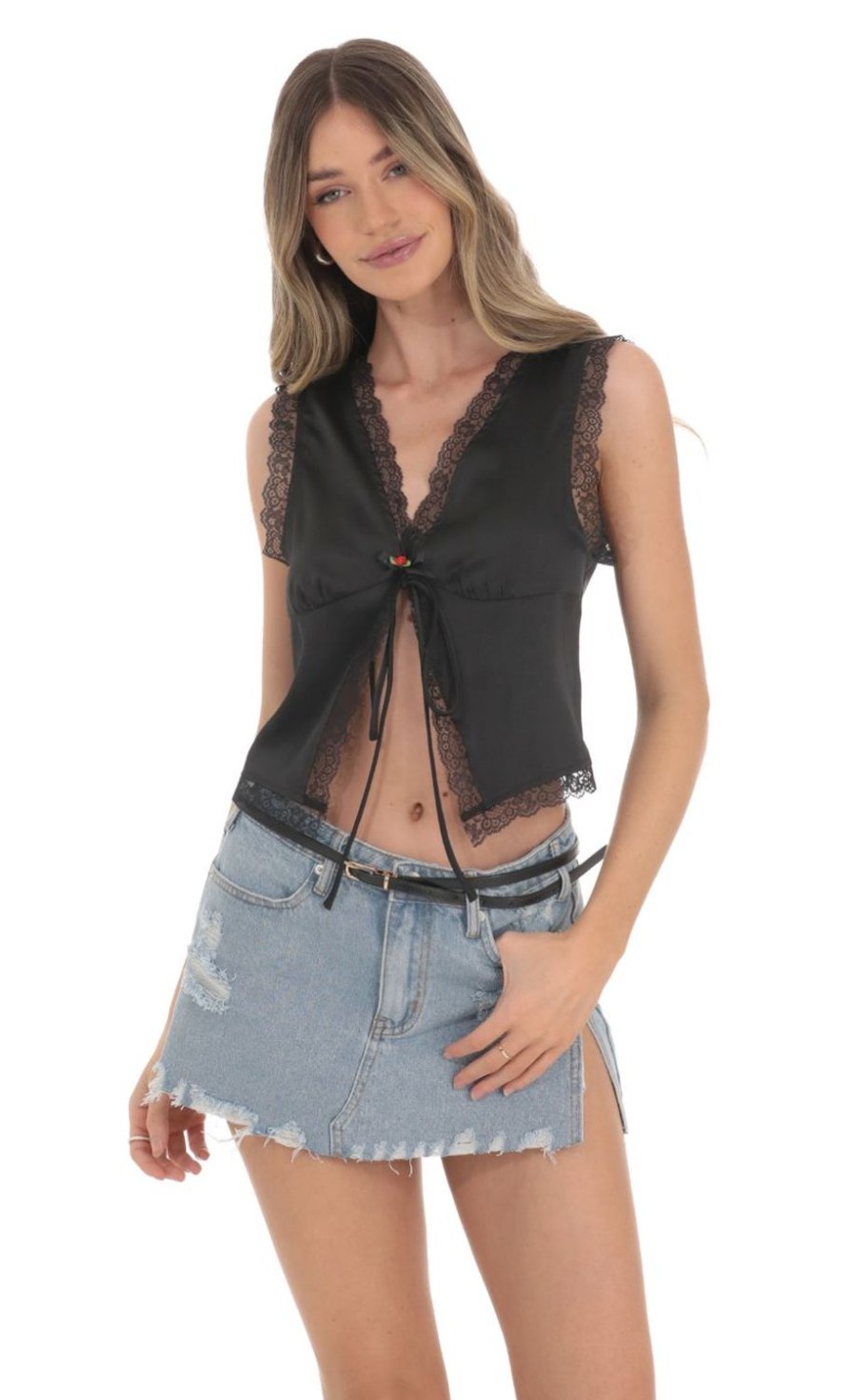 Clothing LUCY IN THE SKY | Satin Lace Front Tie Vest Top In Black | Lucy In The Sky