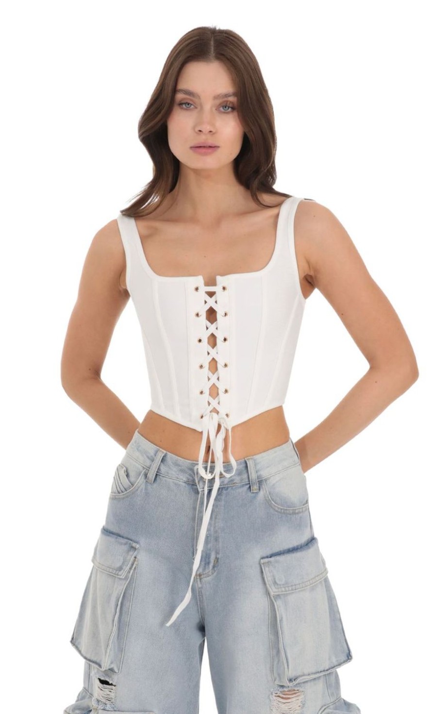 Clothing LUCY IN THE SKY | Lace-Up Corset Top In White | Lucy In The Sky