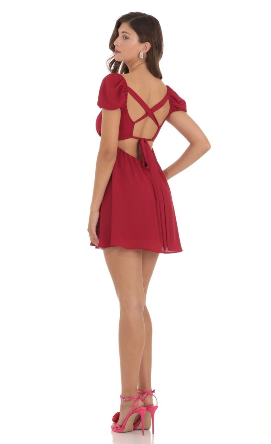 Clothing LUCY IN THE SKY | Puff Sleeve Babydoll Dress In Red | Lucy In The Sky