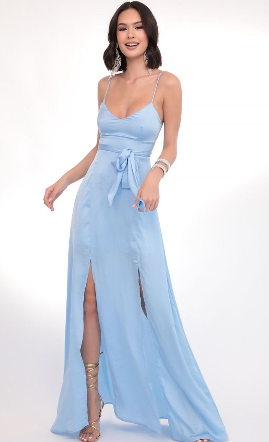 Clothing LUCY IN THE SKY | Milan Satin Tie Maxi In Sky Blue | Lucy In The Sky