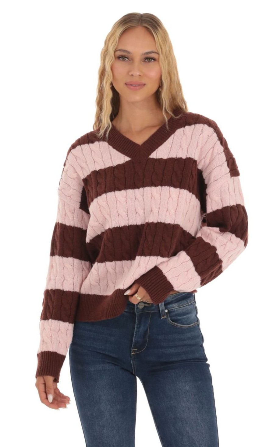 Clothing LUCY IN THE SKY | Striped Cable Knit Jumper In Pink And Brown | Lucy In The Sky