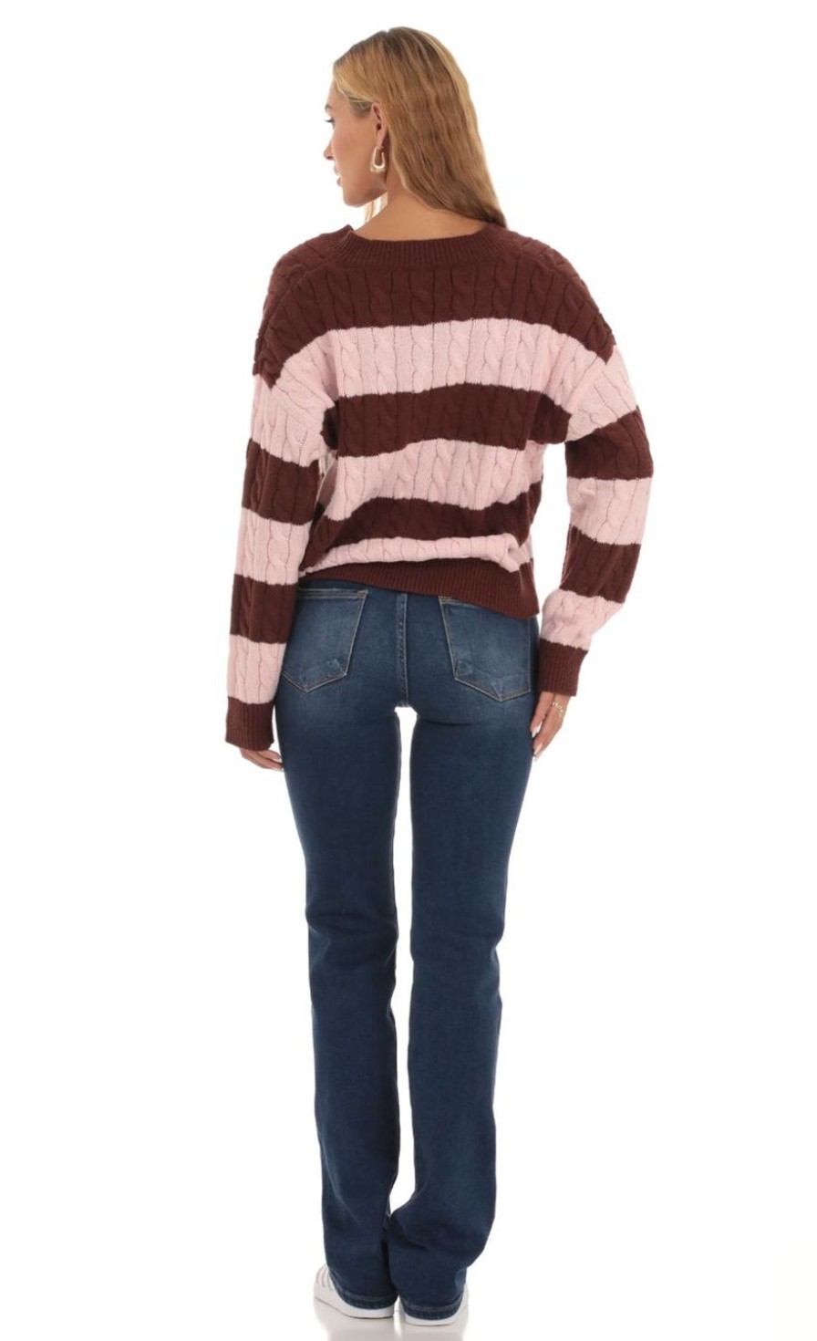 Clothing LUCY IN THE SKY | Striped Cable Knit Jumper In Pink And Brown | Lucy In The Sky