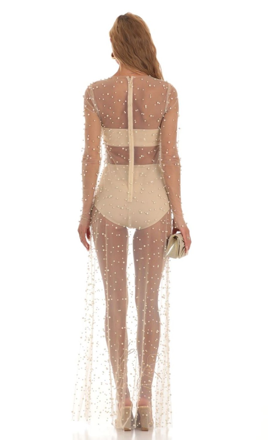 Clothing LUCY IN THE SKY | Tova Pearl Mesh Dress In Beige | Lucy In The Sky