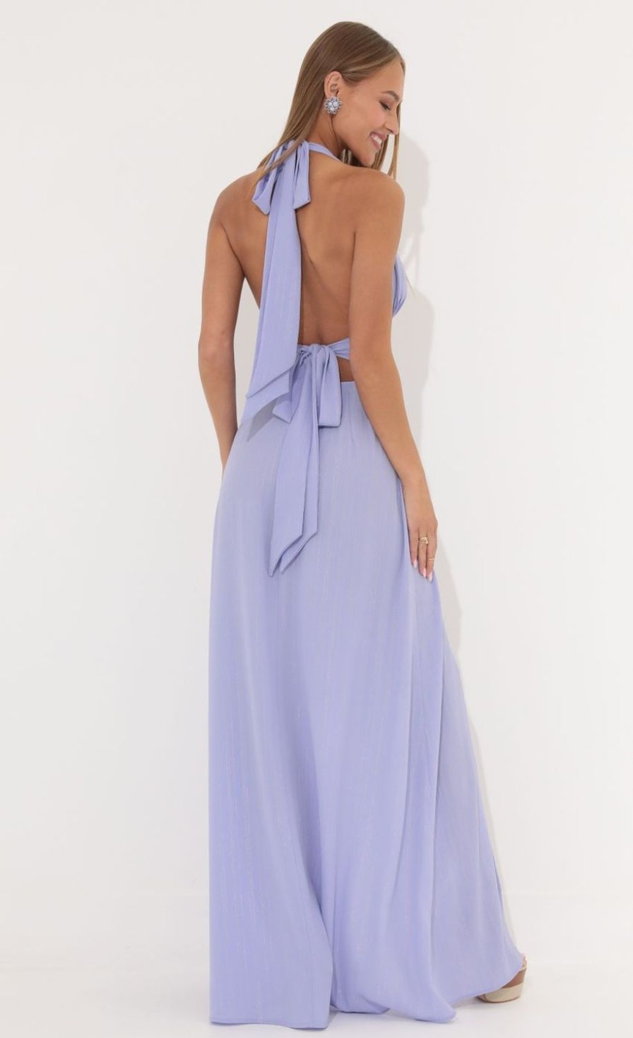 Clothing LUCY IN THE SKY | Waverly Crepe Pinstripe Maxi Dress In Purple | Lucy In The Sky