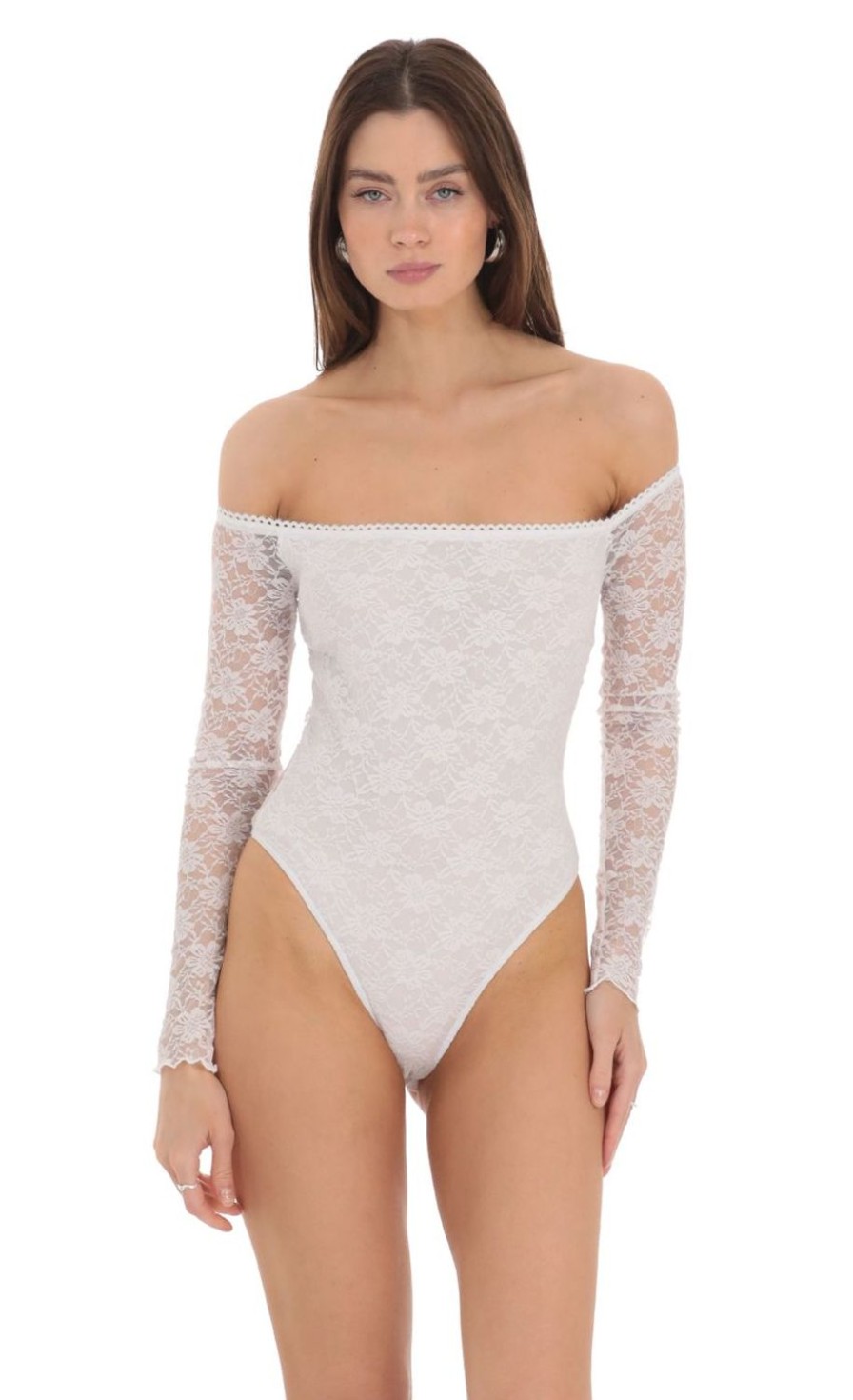 Clothing LUCY IN THE SKY | Off Shoulder Lace Bodysuit In White | Lucy In The Sky