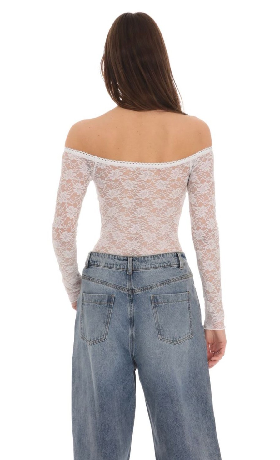 Clothing LUCY IN THE SKY | Off Shoulder Lace Bodysuit In White | Lucy In The Sky