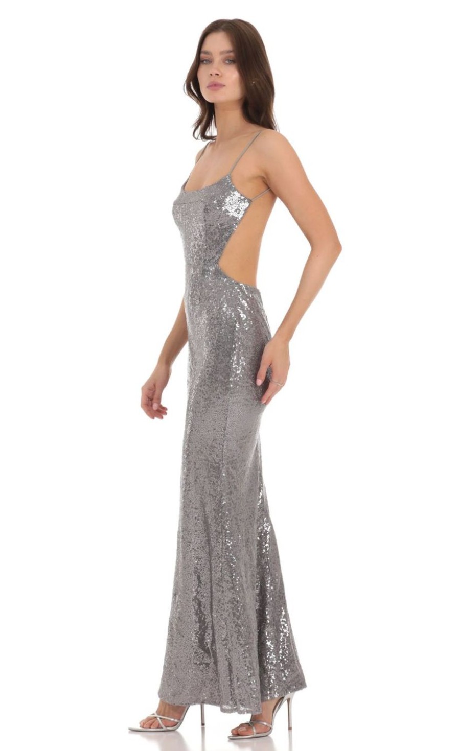 Clothing LUCY IN THE SKY | Sequin Open Back Dress In Silver | Lucy In The Sky