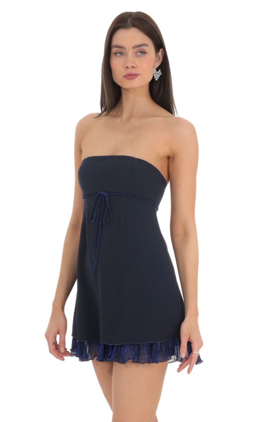 Clothing LUCY IN THE SKY | Shimmer Ruffle Strapless Dress In Navy | Lucy In The Sky