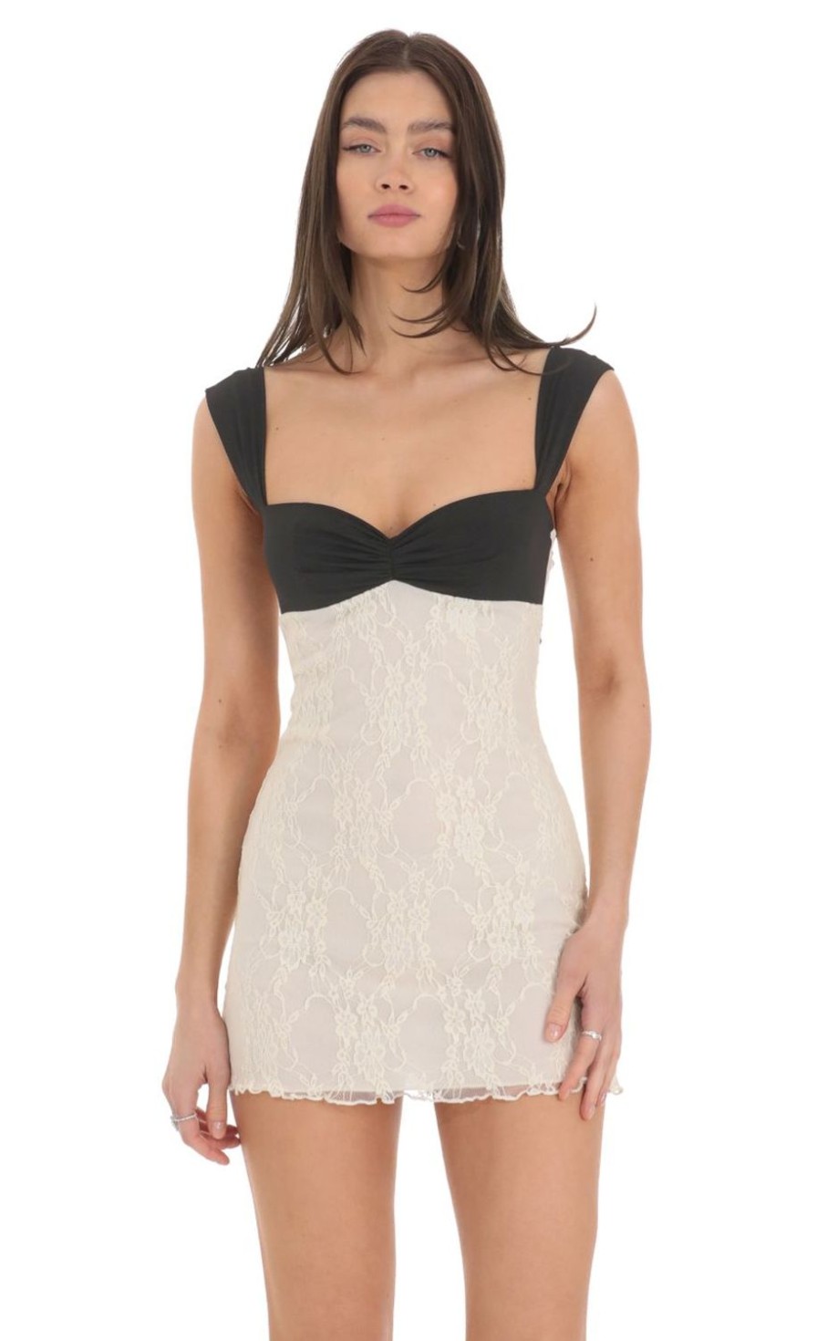 Clothing LUCY IN THE SKY | Two Toned Lace Dress In Black And Cream | Lucy In The Sky