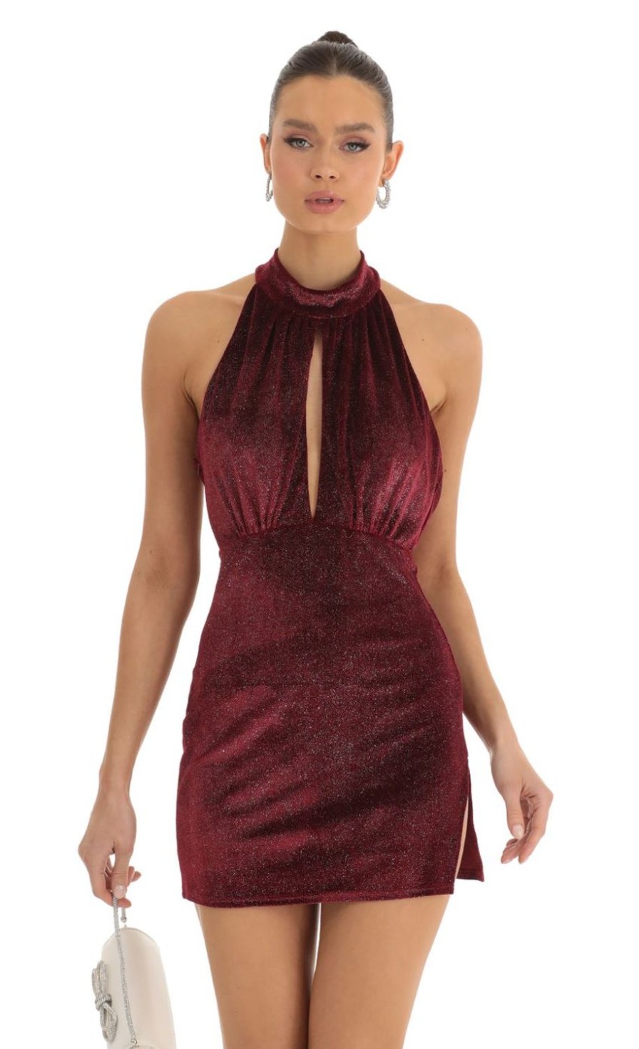 Clothing LUCY IN THE SKY | Zadie Velvet Glitter Mock Neck Halter Dress In Red | Lucy In The Sky