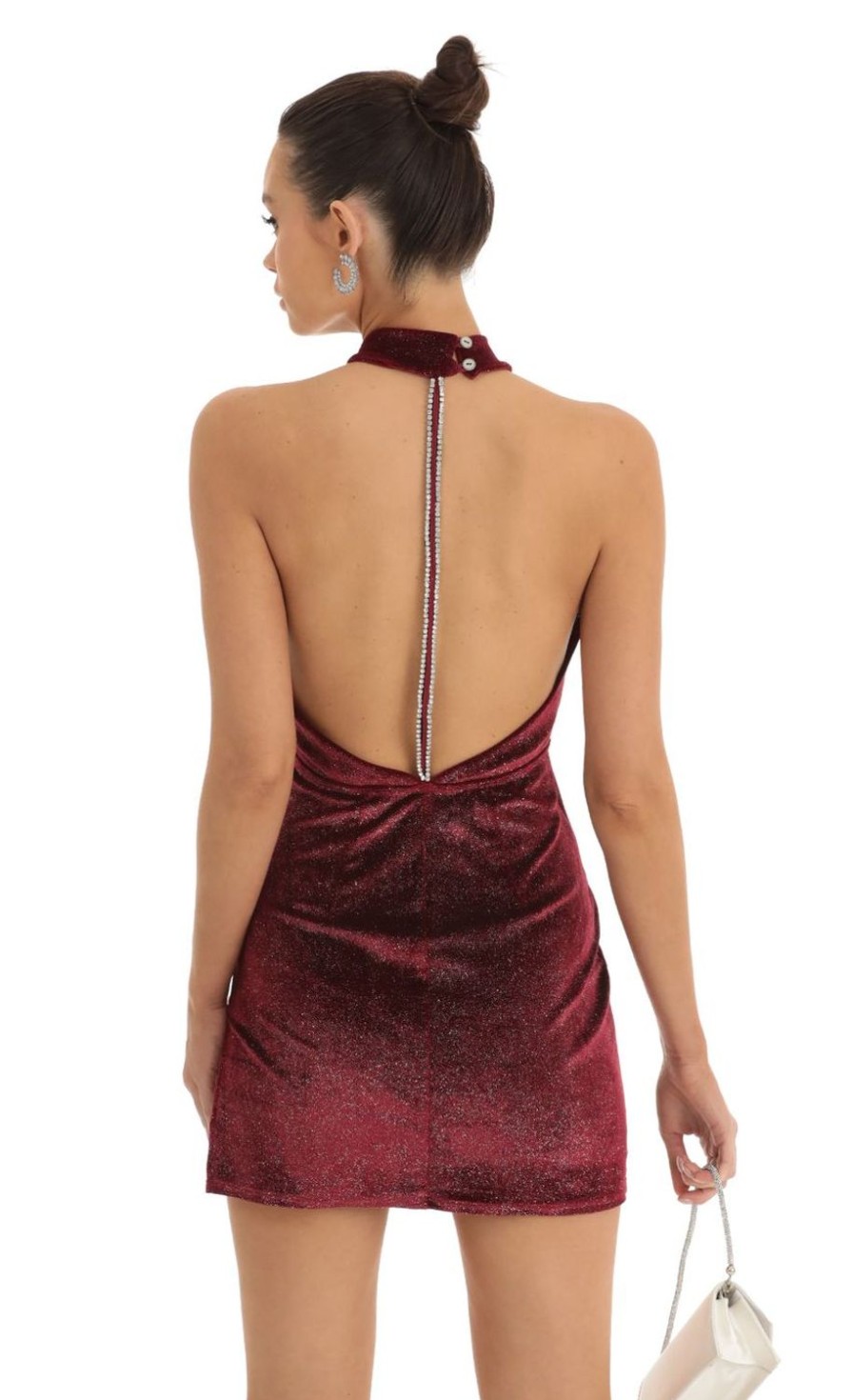 Clothing LUCY IN THE SKY | Zadie Velvet Glitter Mock Neck Halter Dress In Red | Lucy In The Sky