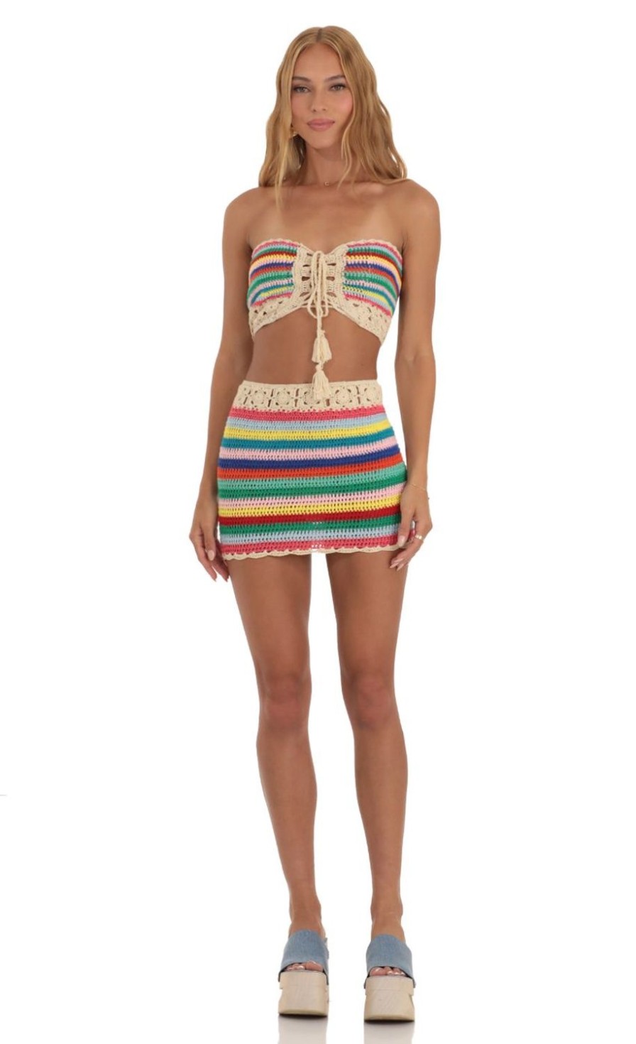 Clothing LUCY IN THE SKY | Valinda Rainbow Crochet Two Piece Set In Beige | Lucy In The Sky