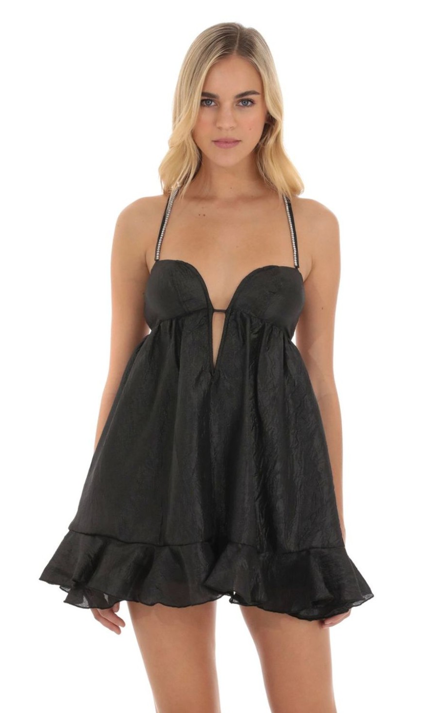 Clothing LUCY IN THE SKY | Aila Rhinestone Babydoll Dress In Black | Lucy In The Sky