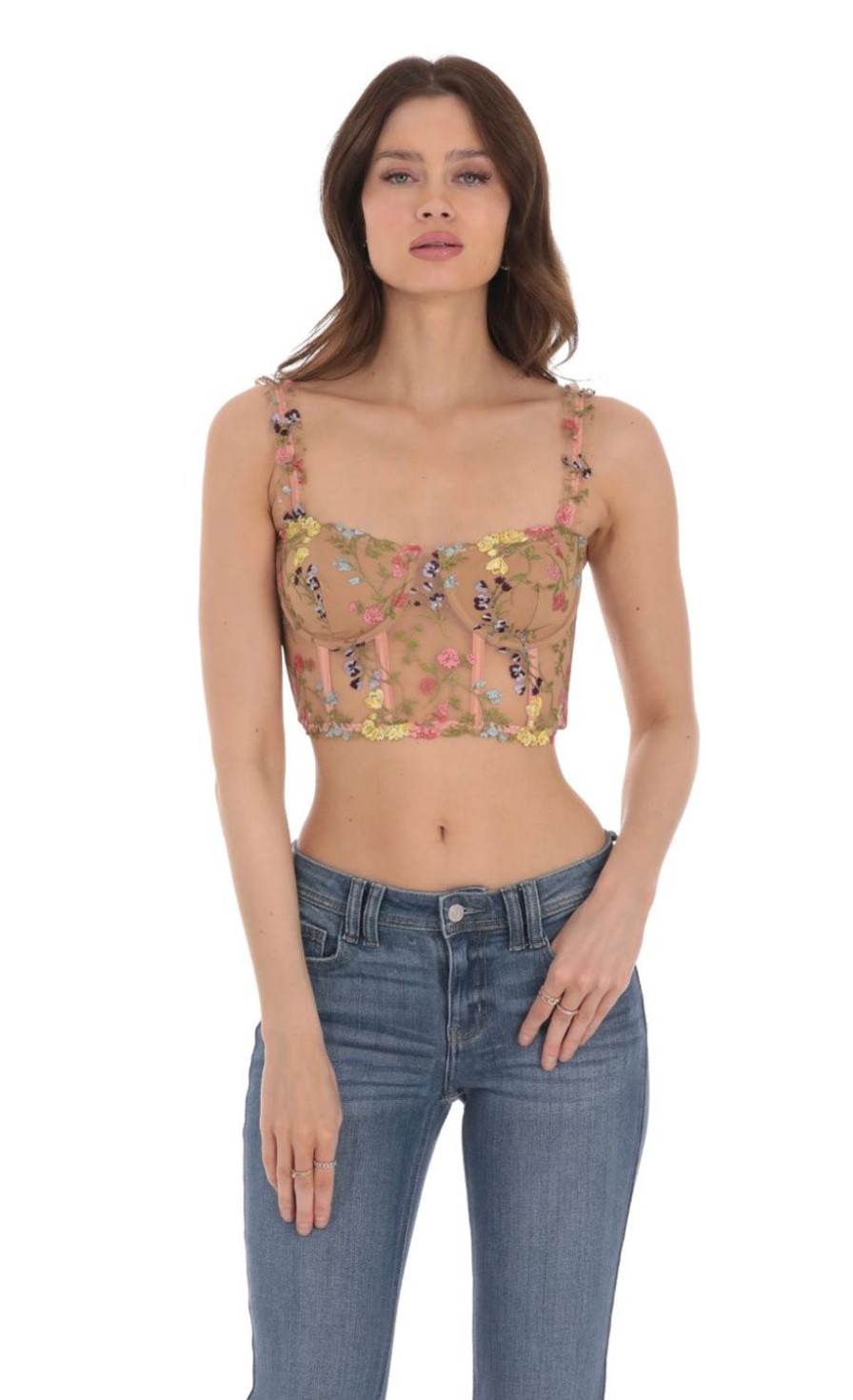 Clothing LUCY IN THE SKY | Floral Embroidered Corset Top In Brown | Lucy In The Sky