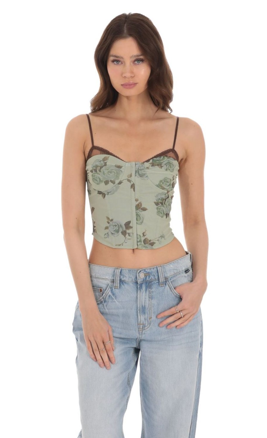 Clothing LUCY IN THE SKY | Mesh Floral Print Top In Sage | Lucy In The Sky