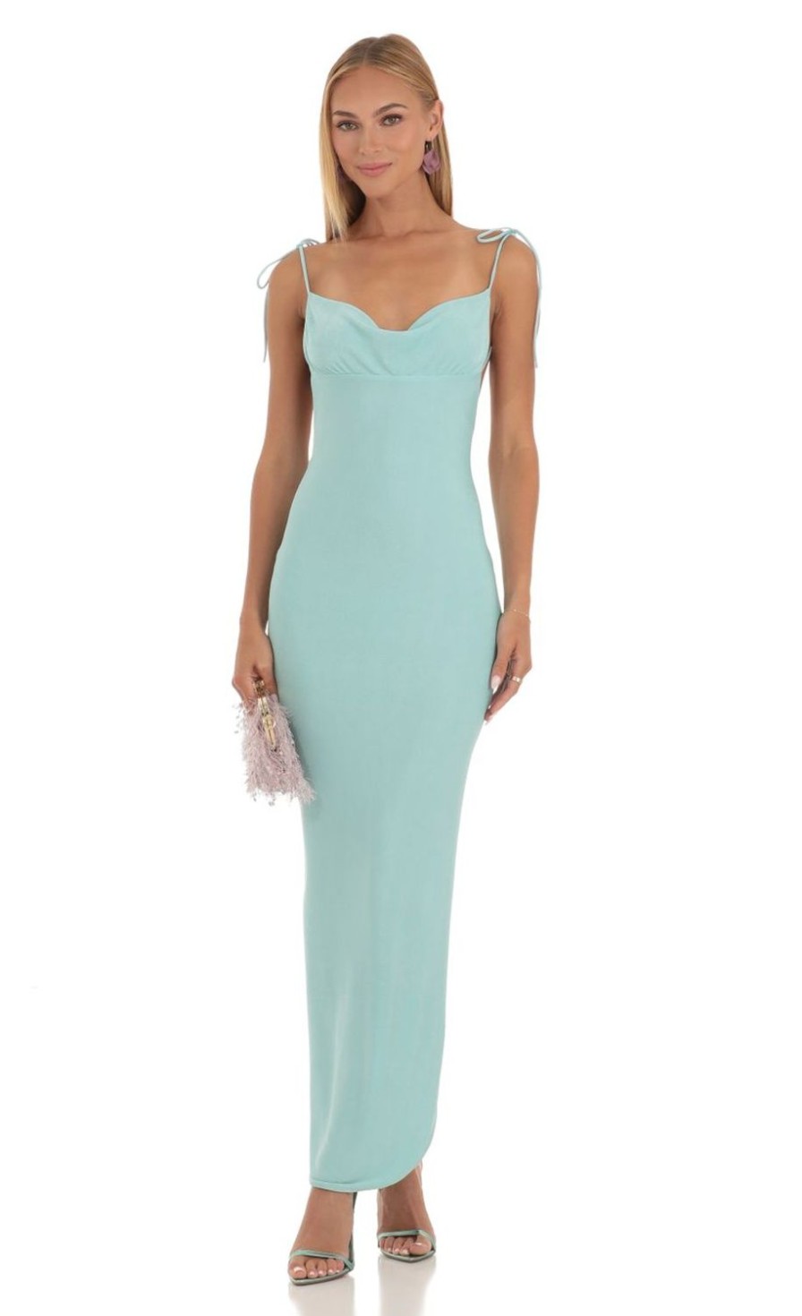 Clothing LUCY IN THE SKY | Torin Slinky Back Slit Maxi Dress In Aqua | Lucy In The Sky