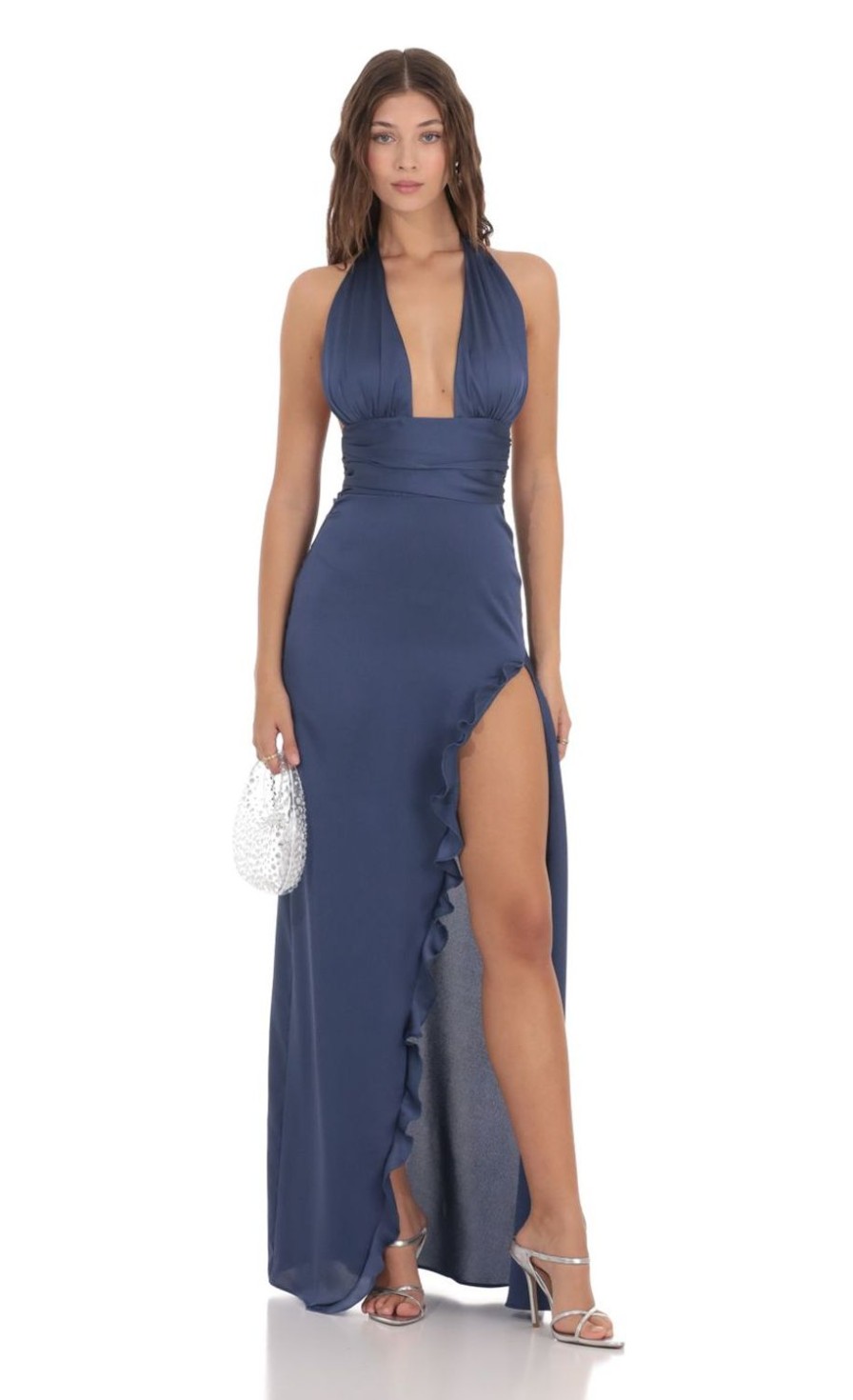 Clothing LUCY IN THE SKY | Satin Halter Ruffle Slit Dress In Blue | Lucy In The Sky