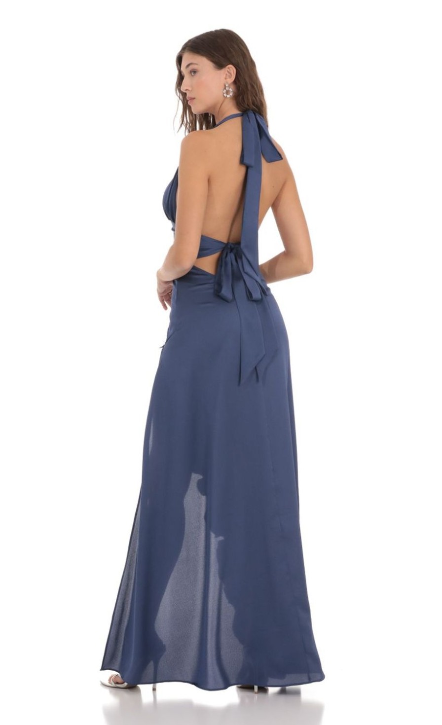 Clothing LUCY IN THE SKY | Satin Halter Ruffle Slit Dress In Blue | Lucy In The Sky