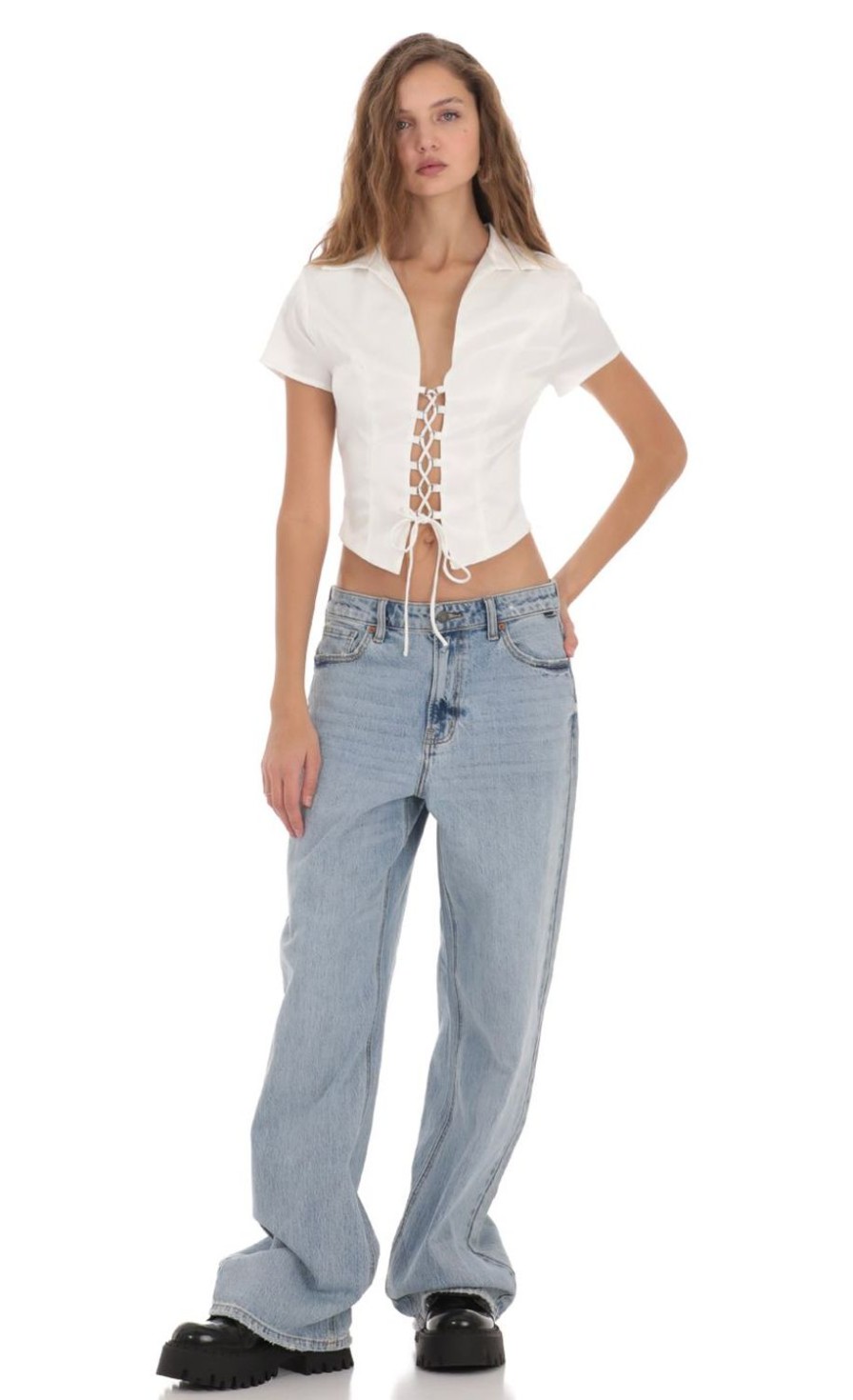 Clothing LUCY IN THE SKY | Collared Lace-Up Top In White | Lucy In The Sky