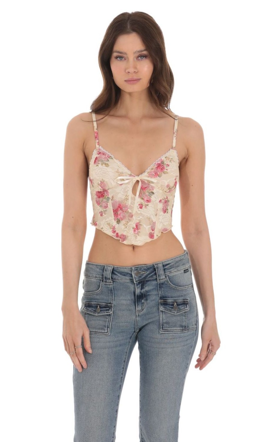 Clothing LUCY IN THE SKY | Floral Lace Corset Top In Cream | Lucy In The Sky