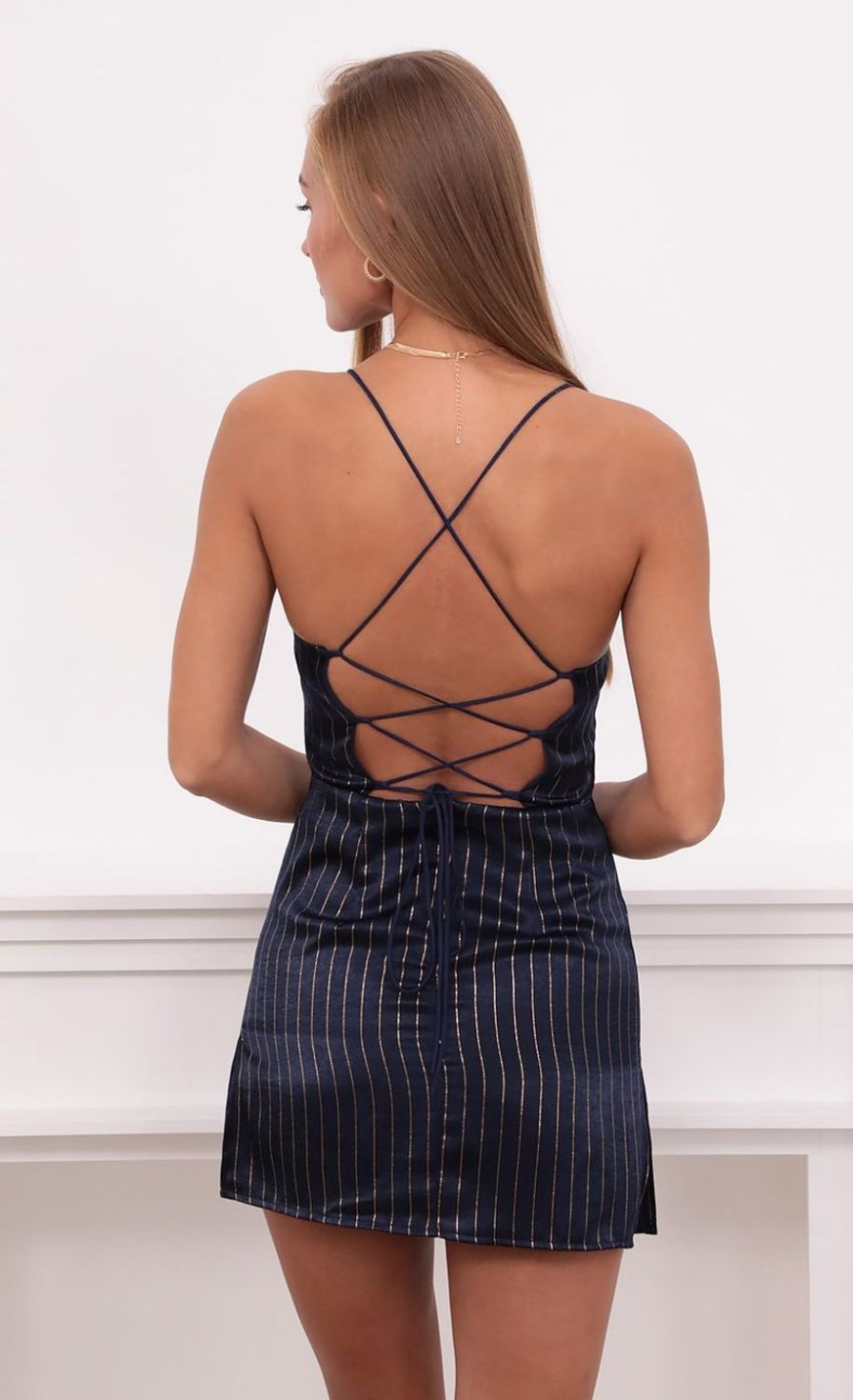 Clothing LUCY IN THE SKY | Mae Slip Dress In Navy And Gold Stripes | Lucy In The Sky