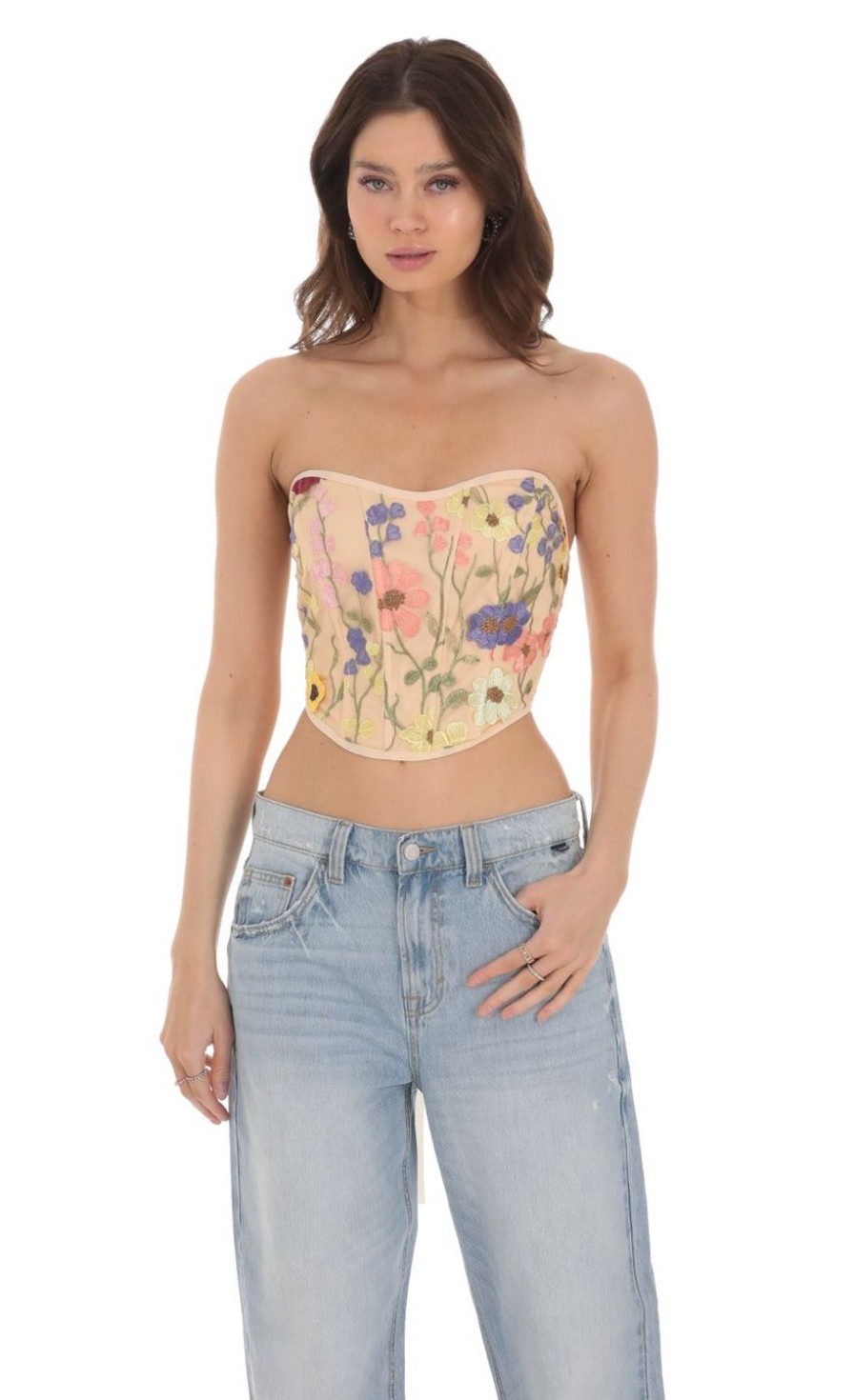 Clothing LUCY IN THE SKY | Floral Embroidered Corset Top In Nude | Lucy In The Sky