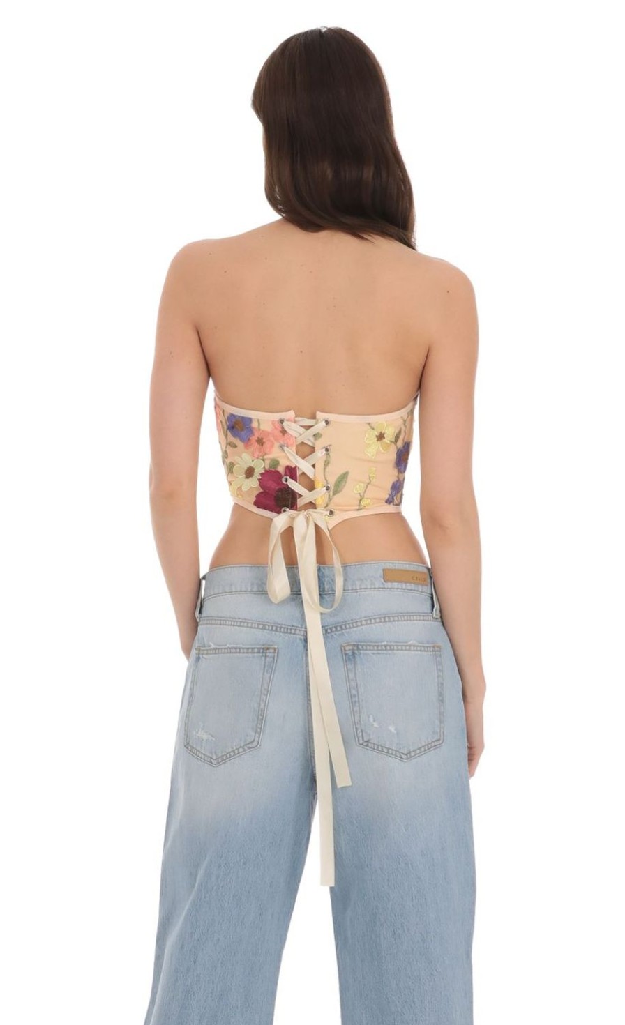 Clothing LUCY IN THE SKY | Floral Embroidered Corset Top In Nude | Lucy In The Sky