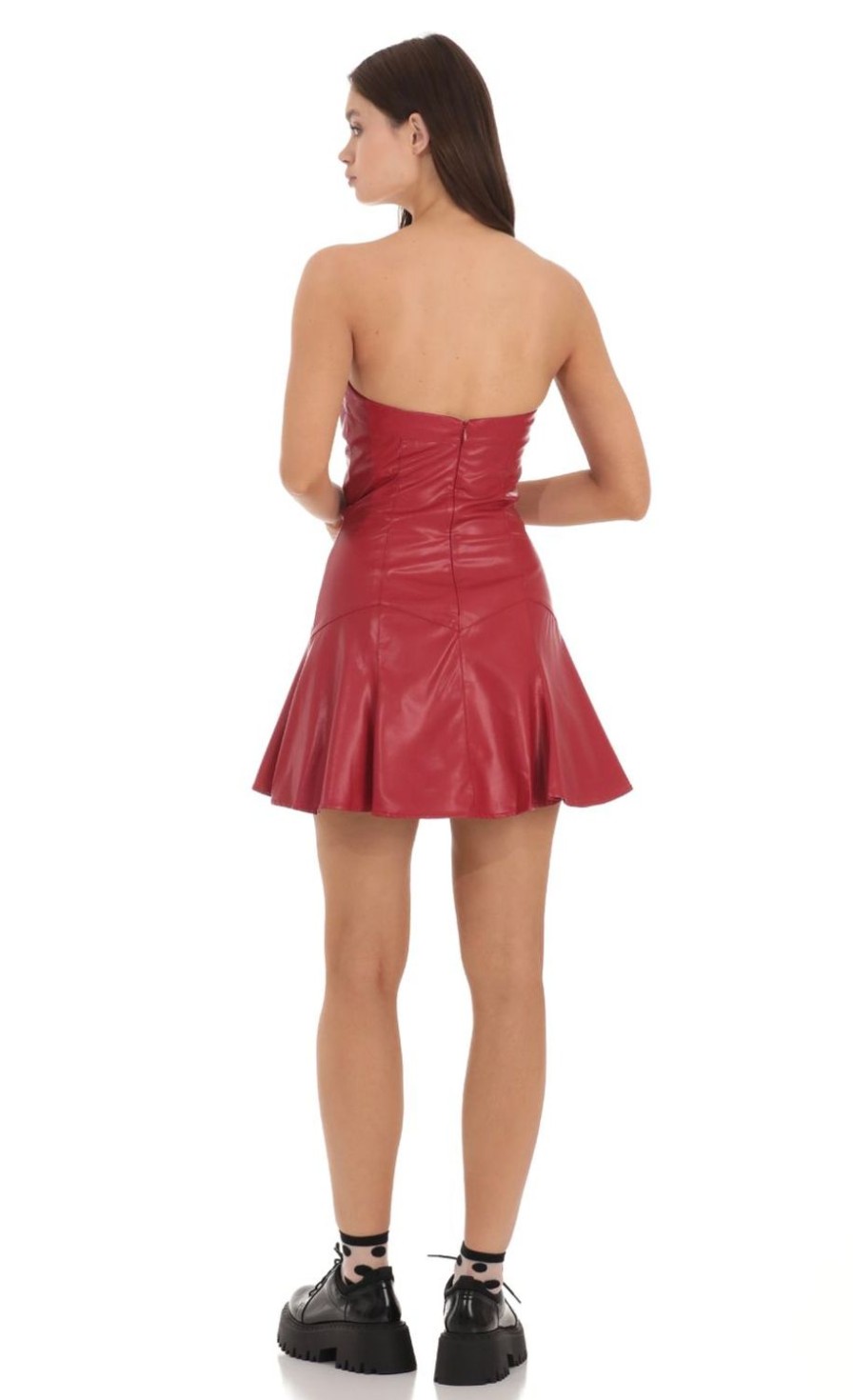 Clothing LUCY IN THE SKY | Pleather Strapless Flare Dress In Red | Lucy In The Sky