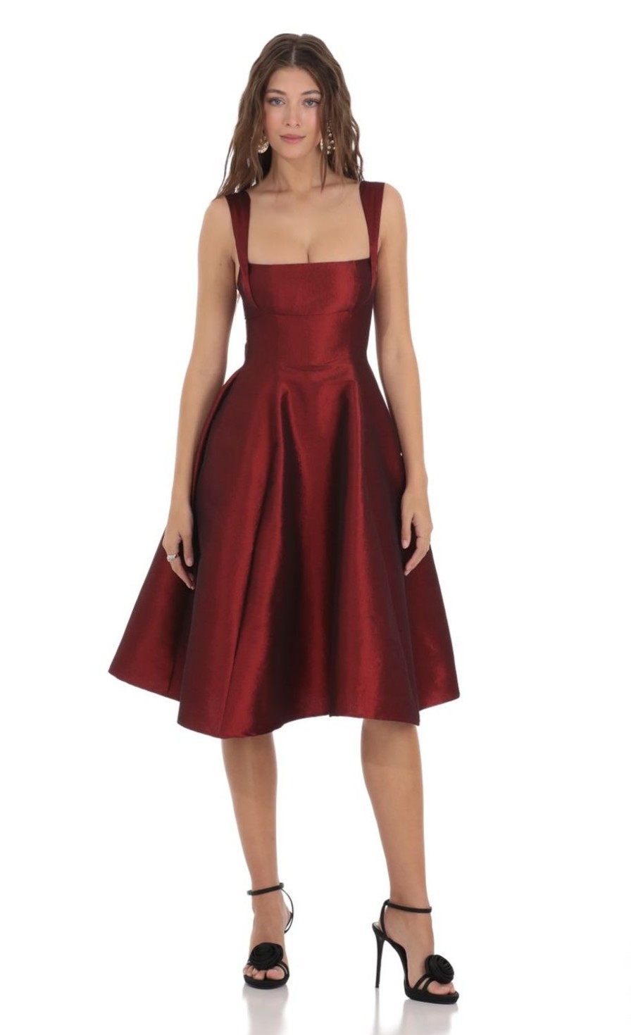 Clothing LUCY IN THE SKY | Square Neck Flare Midi Dress In Maroon | Lucy In The Sky