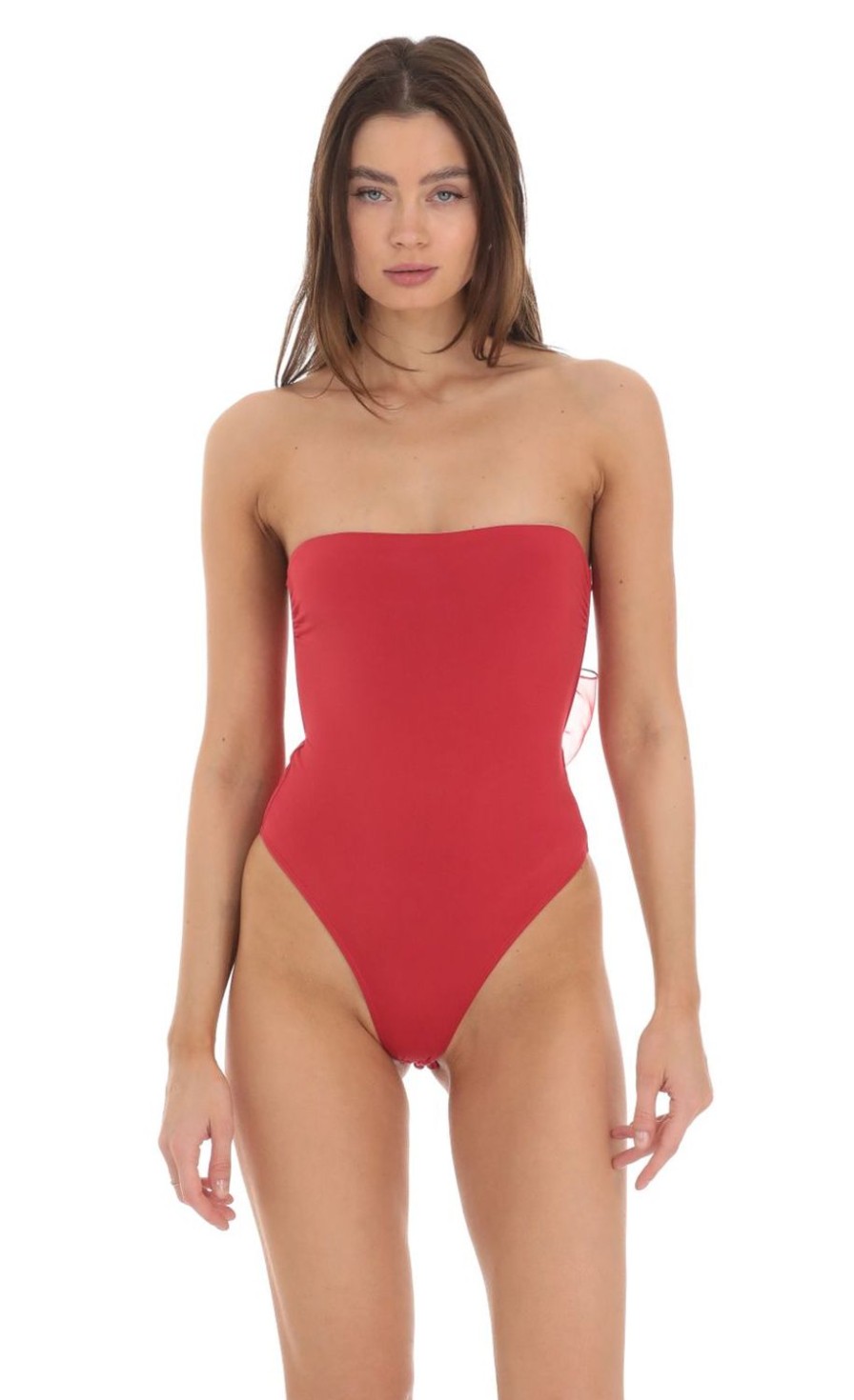 Clothing LUCY IN THE SKY | Strapless Back Bow Bodysuit In Red | Lucy In The Sky