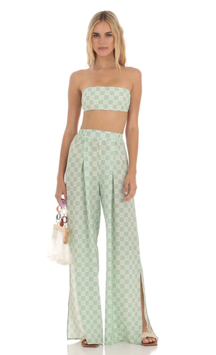 Clothing LUCY IN THE SKY | Levy Checkered Floral Two Piece Set In Green | Lucy In The Sky