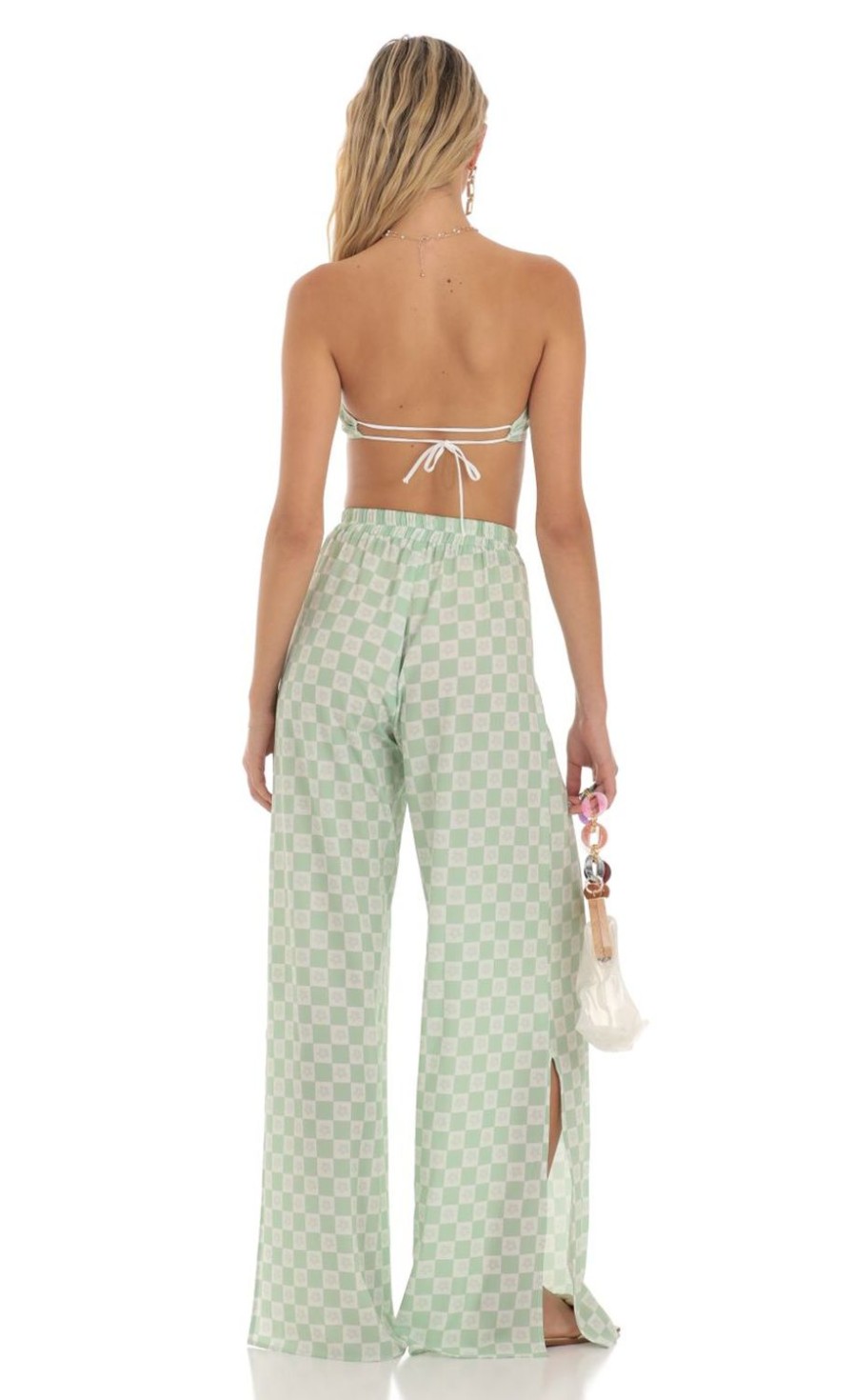 Clothing LUCY IN THE SKY | Levy Checkered Floral Two Piece Set In Green | Lucy In The Sky