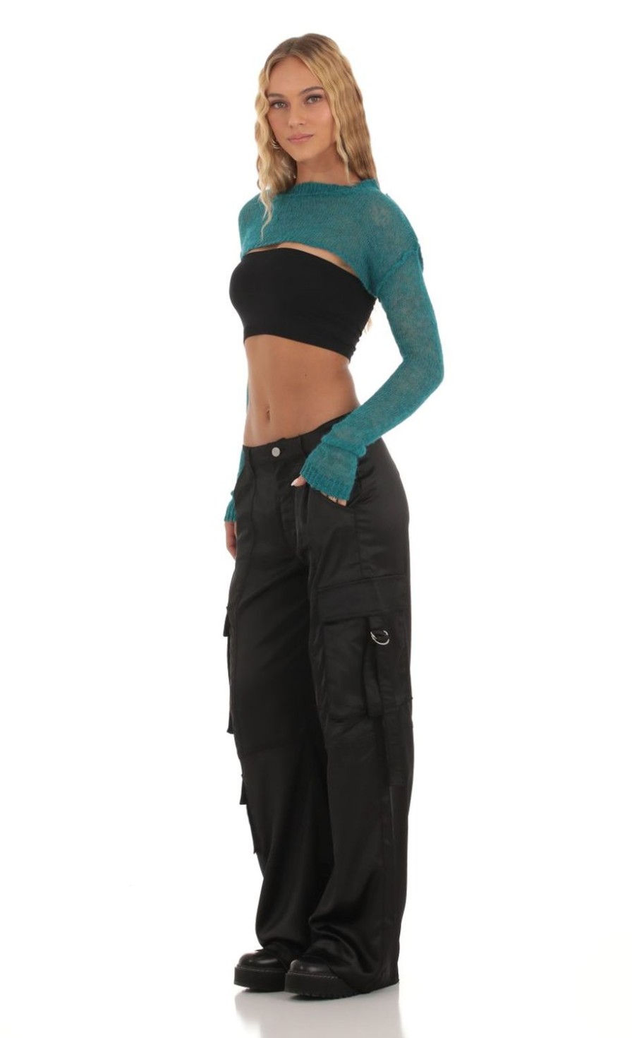 Clothing LUCY IN THE SKY | Maysen Cargo Satin Pants In Black | Lucy In The Sky