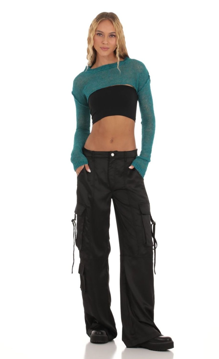 Clothing LUCY IN THE SKY | Maysen Cargo Satin Pants In Black | Lucy In The Sky