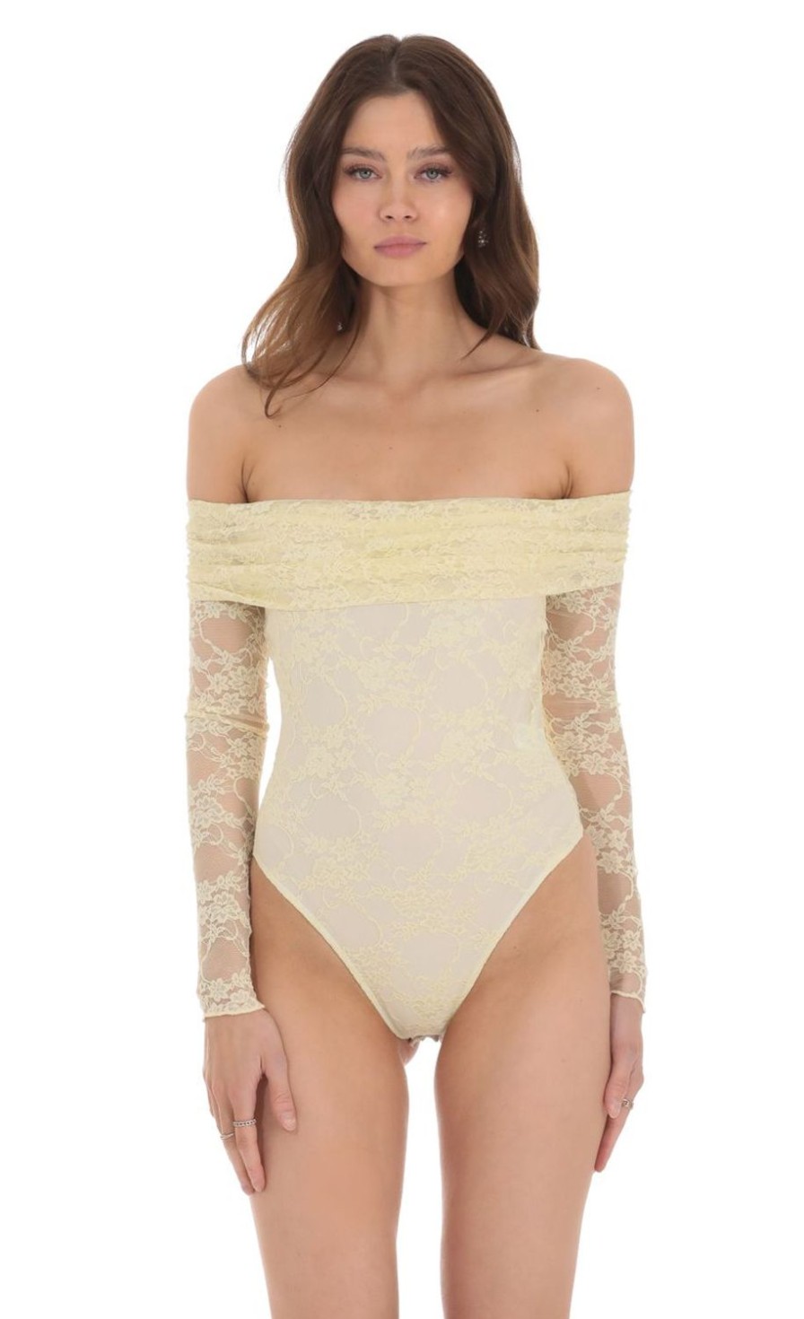 Clothing LUCY IN THE SKY | Off Shoulder Lace Bodysuit In Pastel Yellow | Lucy In The Sky