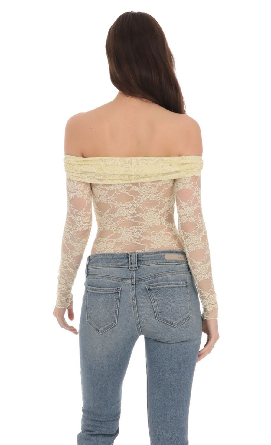 Clothing LUCY IN THE SKY | Off Shoulder Lace Bodysuit In Pastel Yellow | Lucy In The Sky