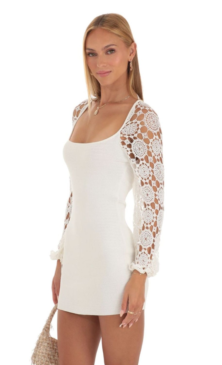 Clothing LUCY IN THE SKY | Alora Floral Crochet Long Sleeve Dress In White | Lucy In The Sky