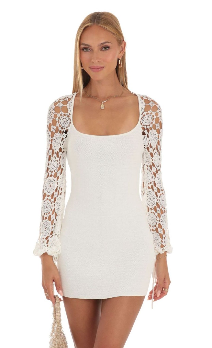 Clothing LUCY IN THE SKY | Alora Floral Crochet Long Sleeve Dress In White | Lucy In The Sky