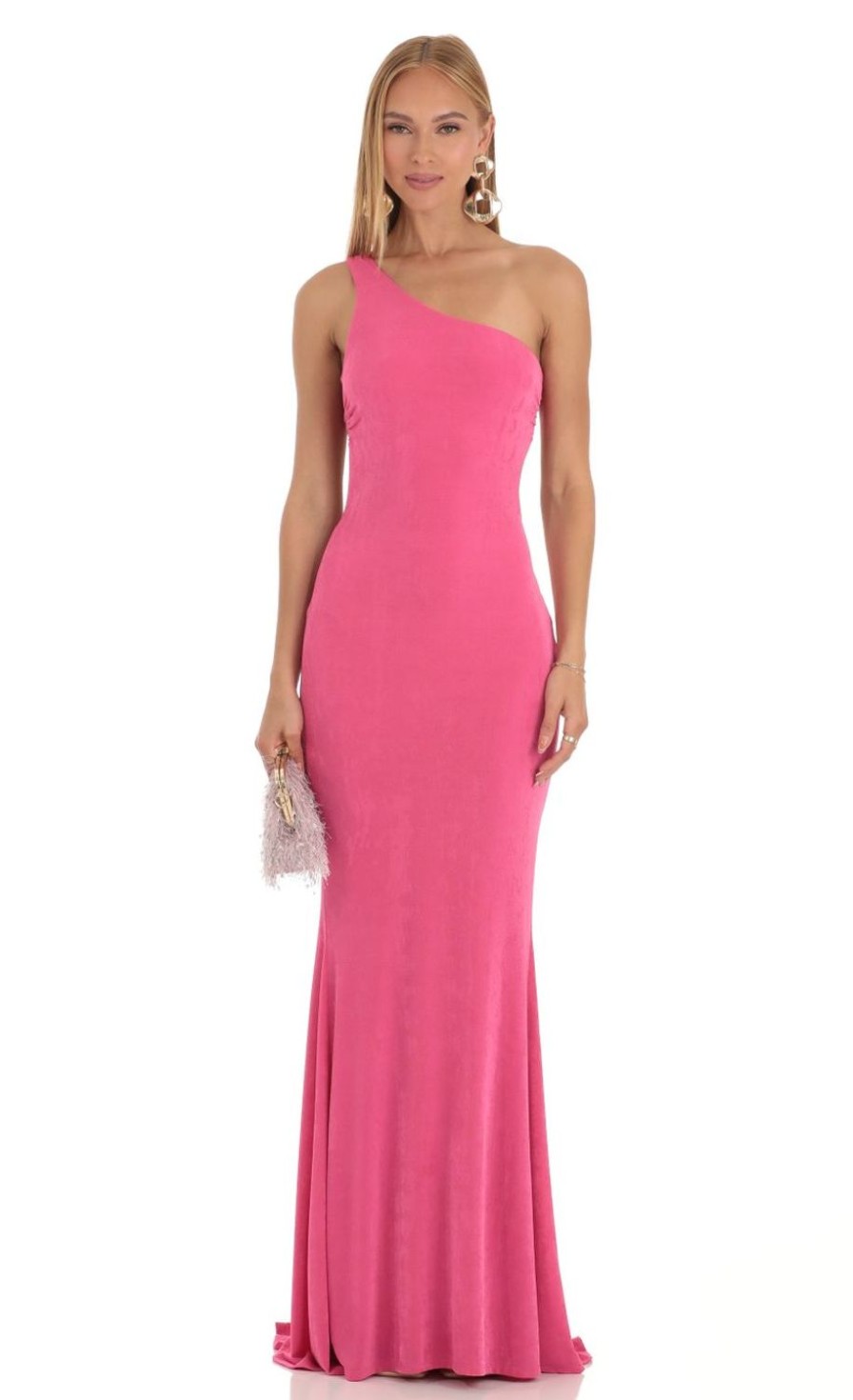 Clothing LUCY IN THE SKY | Euphrasia One Shoulder Maxi Dress In Pink | Lucy In The Sky