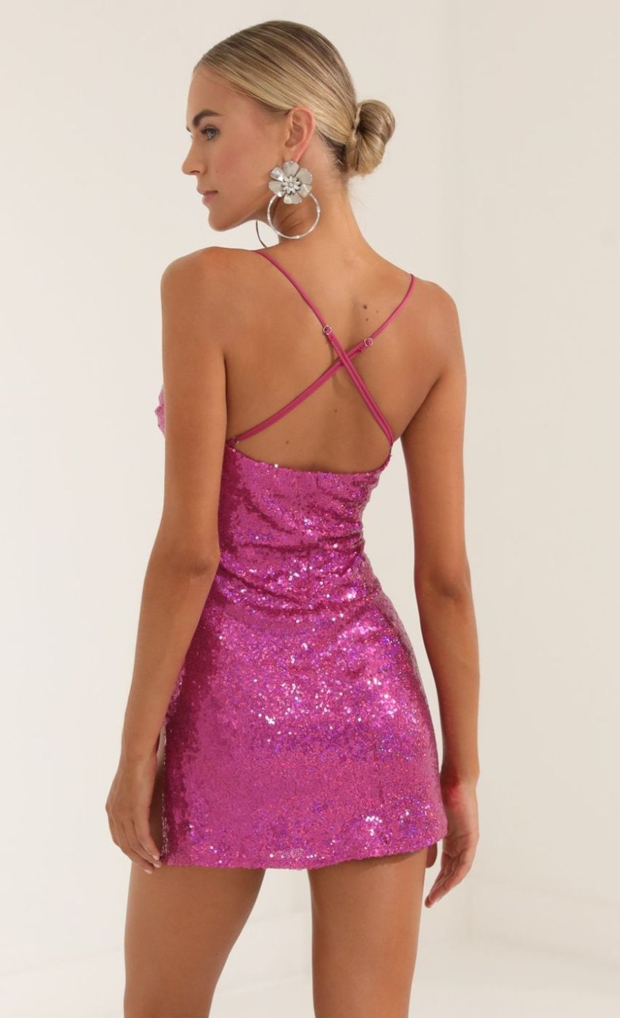 Clothing LUCY IN THE SKY | Yolanda Sequin Side Slit Dress In Pink | Lucy In The Sky