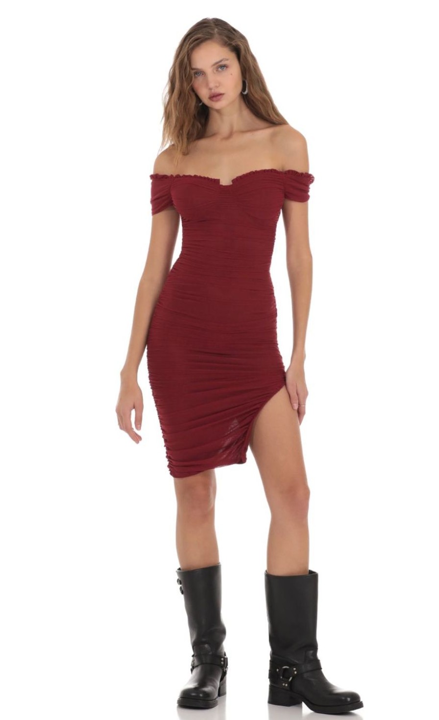 Clothing LUCY IN THE SKY | Mesh Off Shoulder Dress In Burgundy | Lucy In The Sky