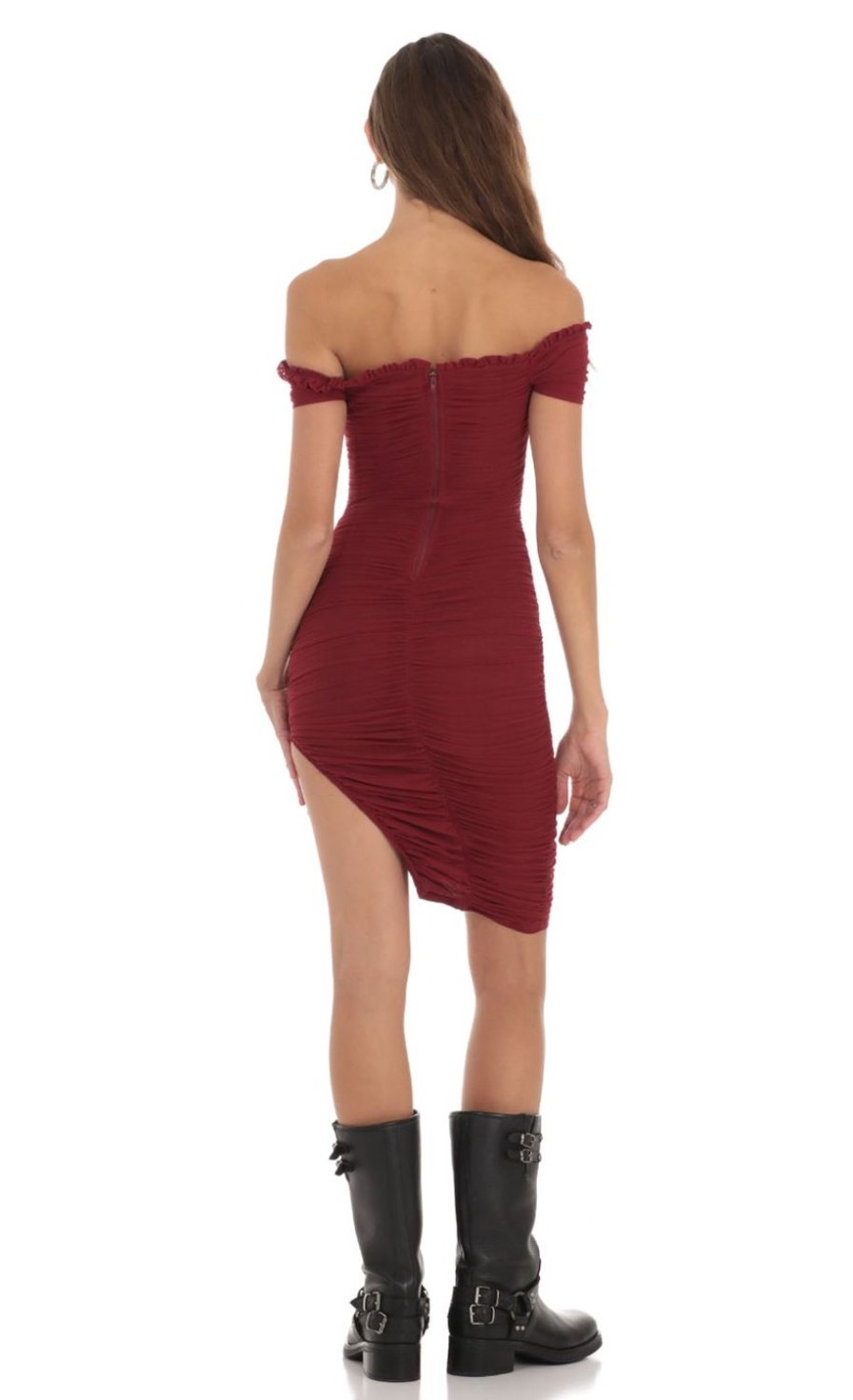 Clothing LUCY IN THE SKY | Mesh Off Shoulder Dress In Burgundy | Lucy In The Sky