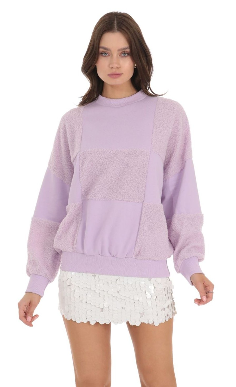 Clothing LUCY IN THE SKY | Checkered Fuzzy Jumper In Lavender | Lucy In The Sky