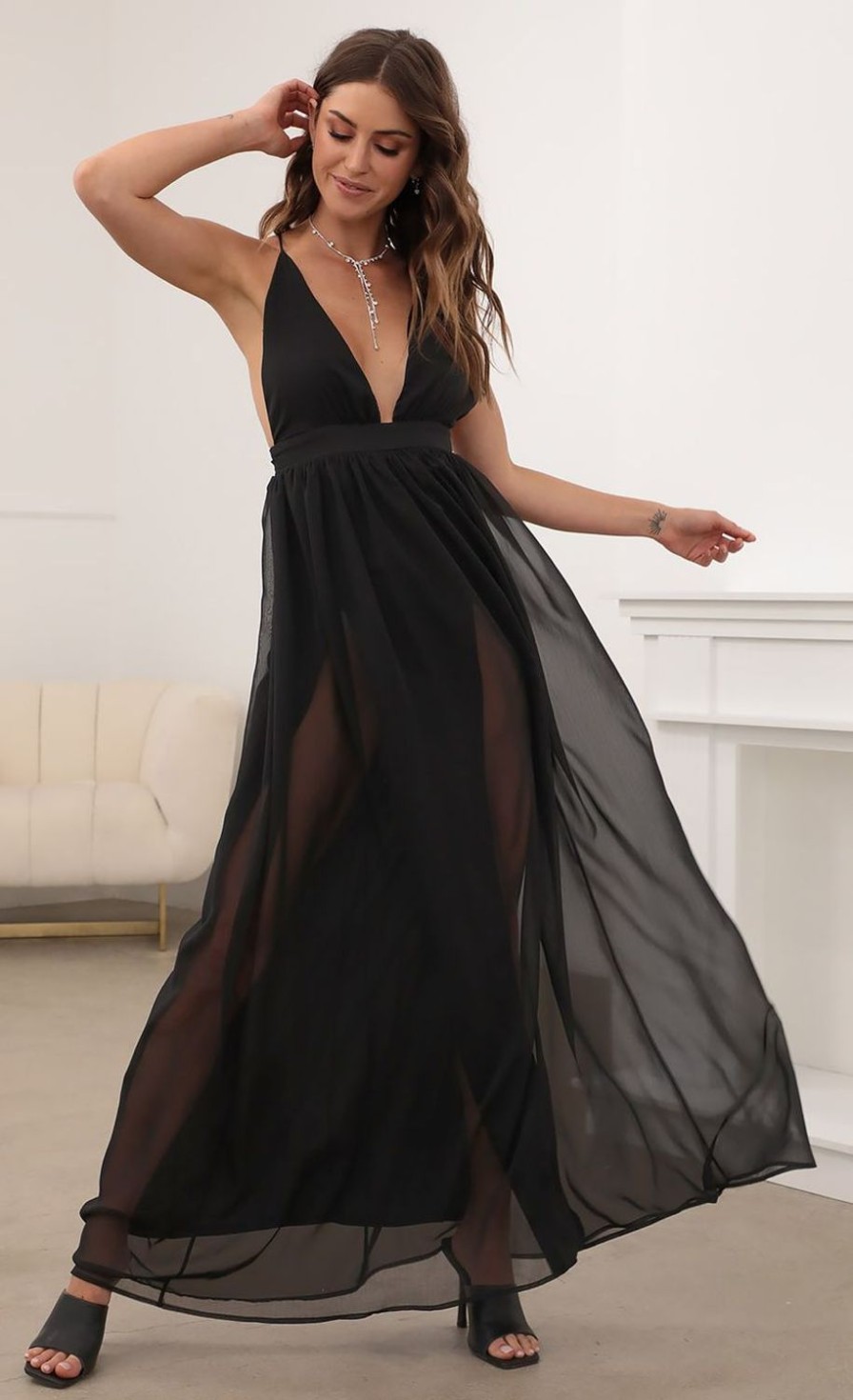 Clothing LUCY IN THE SKY | Lyra Black Chiffon Slit Maxi Dress | Lucy In The Sky