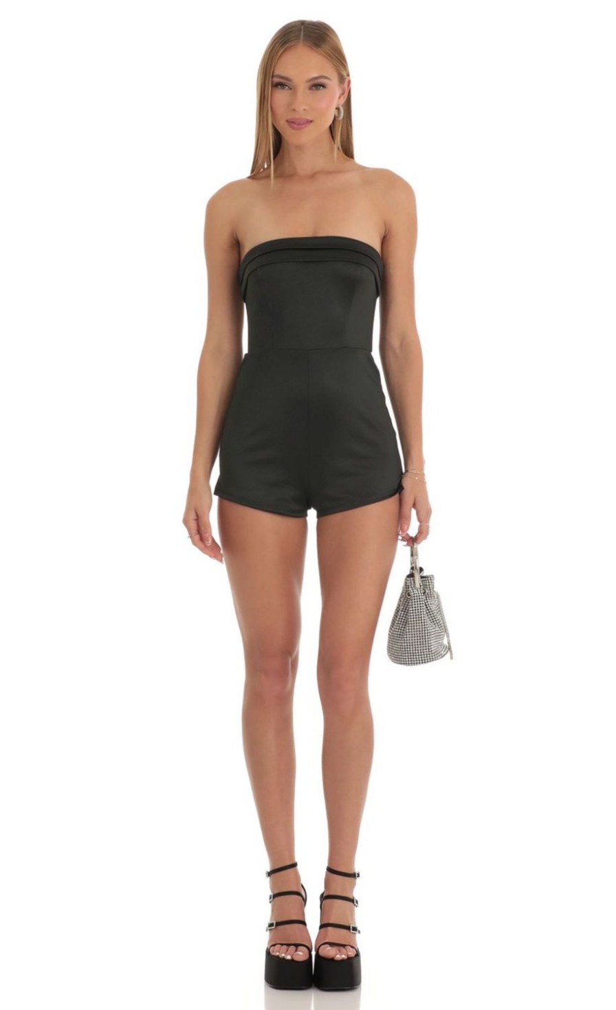 Clothing LUCY IN THE SKY | Savona Satin Strapless Romper In Black | Lucy In The Sky