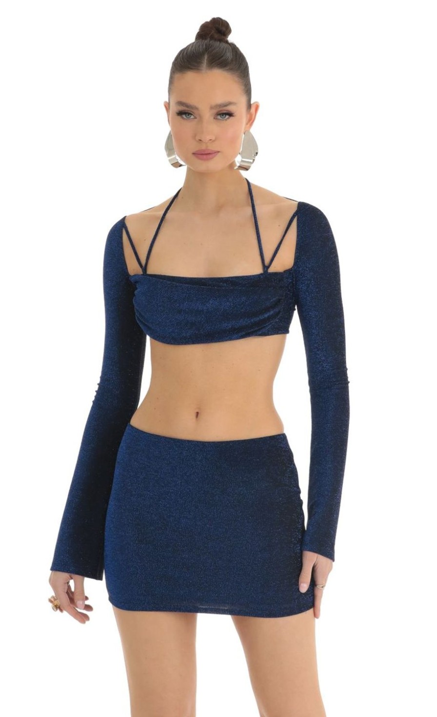 Clothing LUCY IN THE SKY | Allee Blue Metallic Two Piece Skirt Set In Black | Lucy In The Sky