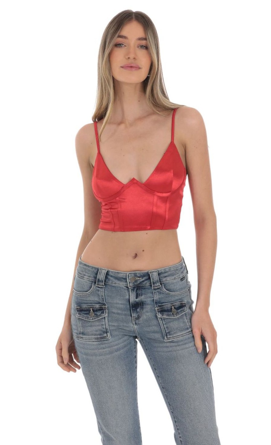 Clothing LUCY IN THE SKY | Satin V-Neck Crop Top In Red | Lucy In The Sky