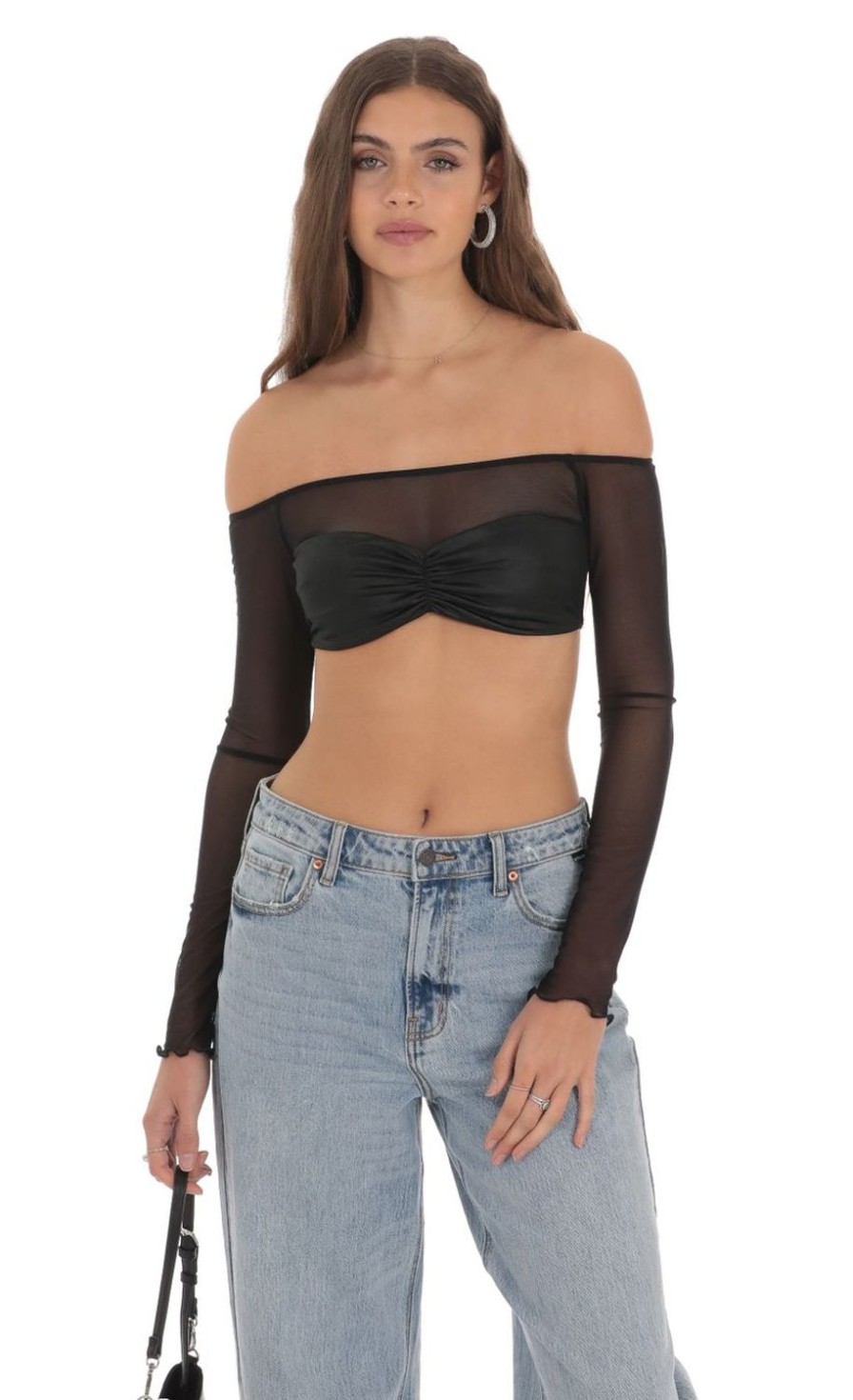 Clothing LUCY IN THE SKY | Off Shoulder Mesh Top In Black | Lucy In The Sky