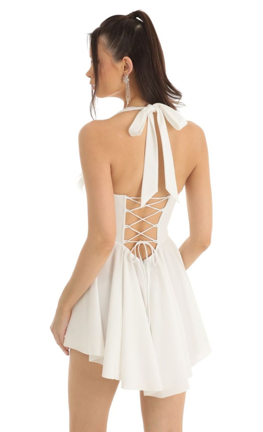 Clothing LUCY IN THE SKY | Zina Crepe Corset Feather A-Line Dress In White | Lucy In The Sky